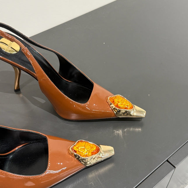 ORANGE GEM-STUDDED SLINGBACK PUMPS IN BRONZE BROWN PATENT CALFSKIN