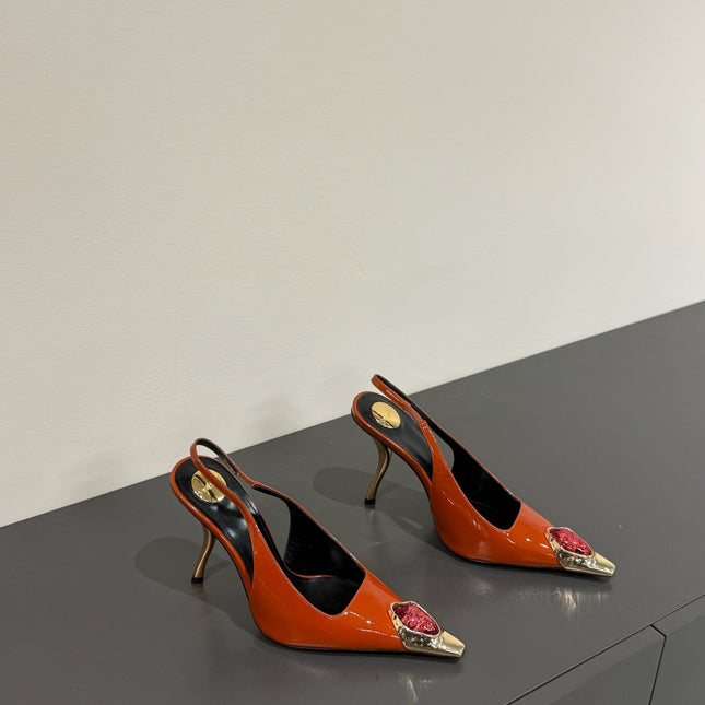 RED GEM-STUDDED SLINGBACK PUMPS IN ORANGE PATENT CALFSKIN