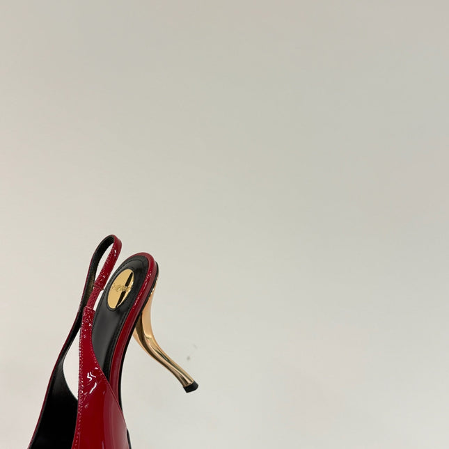 ORANGE GEM-STUDDED SLINGBACK PUMPS IN RED PATENT CALFSKIN