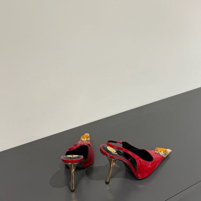 ORANGE GEM-STUDDED SLINGBACK PUMPS IN RED PATENT CALFSKIN