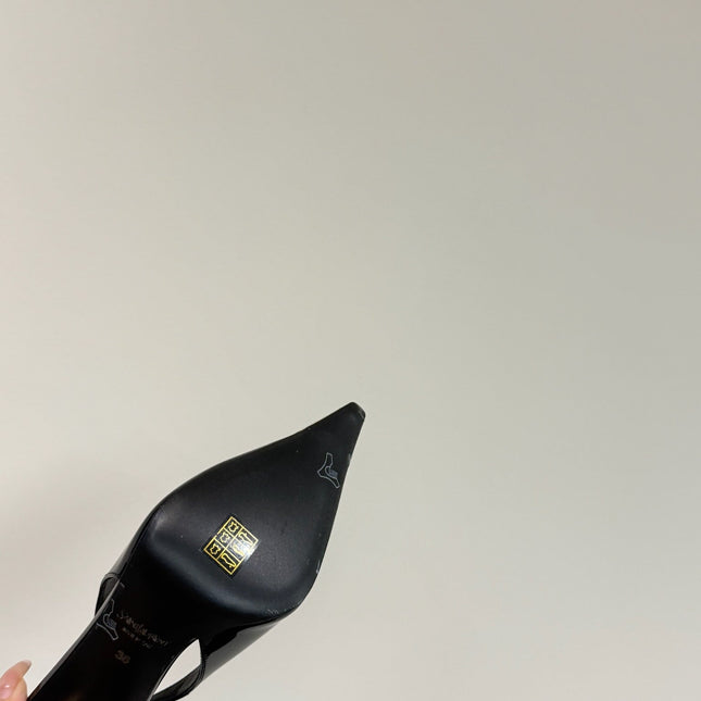 BLACK GEM-STUDDED SLINGBACK PUMPS IN BLACK PATENT CALFSKIN