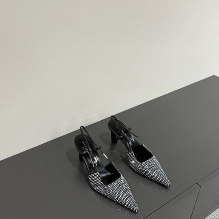 HIGH SLINGBACKS POINTED-TOE IN BLACK LAMBSKIN WITH SILVER CRYSTALS