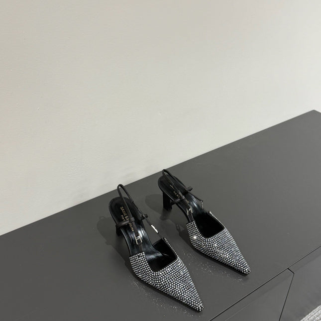 HIGH SLINGBACKS POINTED-TOE IN BLACK LAMBSKIN WITH SILVER CRYSTALS