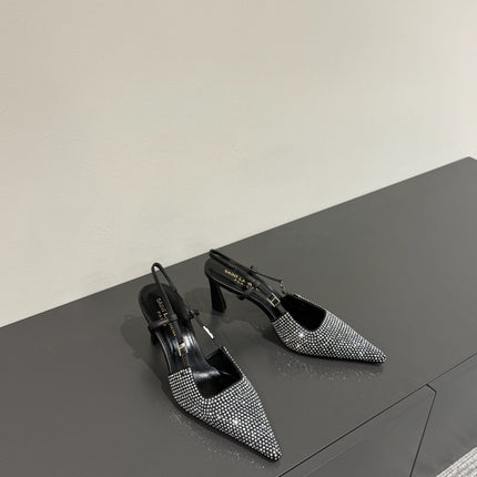HIGH SLINGBACKS POINTED-TOE IN BLACK LAMBSKIN WITH SILVER CRYSTALS
