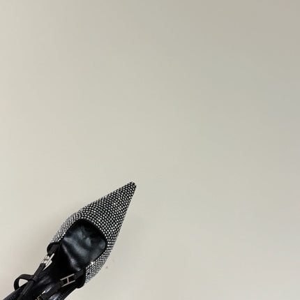 HIGH SLINGBACKS POINTED-TOE IN BLACK LAMBSKIN WITH SILVER CRYSTALS
