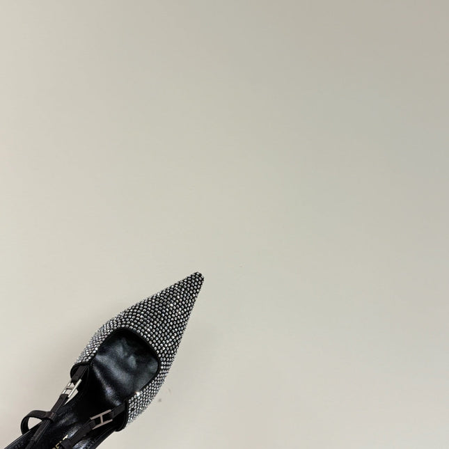 HIGH SLINGBACKS POINTED-TOE IN BLACK LAMBSKIN WITH SILVER CRYSTALS