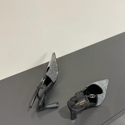 HIGH SLINGBACKS POINTED-TOE IN BLACK LAMBSKIN WITH SILVER CRYSTALS