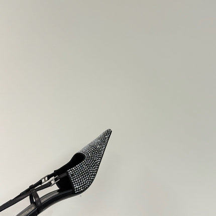 HIGH SLINGBACKS POINTED-TOE IN BLACK LAMBSKIN WITH SILVER CRYSTALS