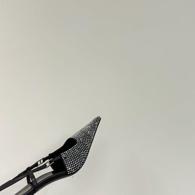 HIGH SLINGBACKS POINTED-TOE IN BLACK LAMBSKIN WITH SILVER CRYSTALS