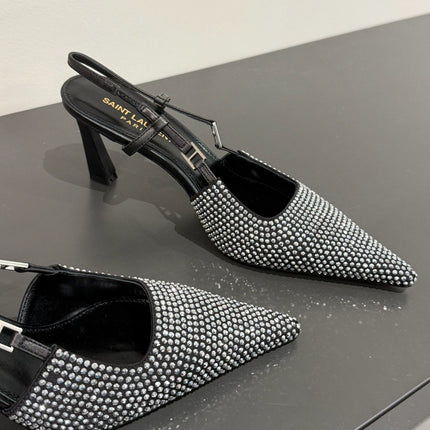 HIGH SLINGBACKS POINTED-TOE IN BLACK LAMBSKIN WITH SILVER CRYSTALS