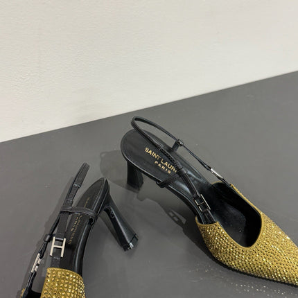 HIGH SLINGBACKS POINTED-TOE IN METALLIC GOLD LAMBSKIN WITH CRYSTALS