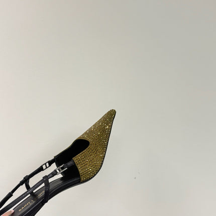 HIGH SLINGBACKS POINTED-TOE IN METALLIC GOLD LAMBSKIN WITH CRYSTALS