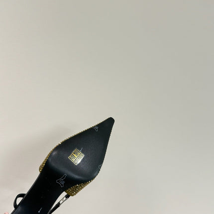 HIGH SLINGBACKS POINTED-TOE IN METALLIC GOLD LAMBSKIN WITH CRYSTALS