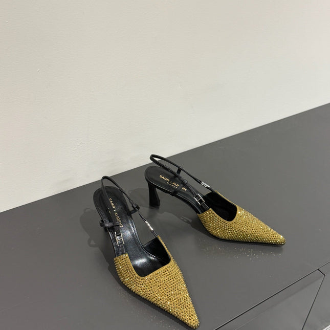 HIGH SLINGBACKS POINTED-TOE IN METALLIC GOLD LAMBSKIN WITH CRYSTALS