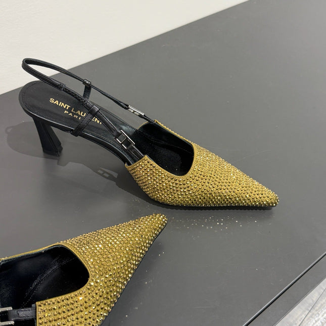 HIGH SLINGBACKS POINTED-TOE IN METALLIC GOLD LAMBSKIN WITH CRYSTALS