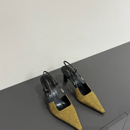 HIGH SLINGBACKS POINTED-TOE IN METALLIC GOLD LAMBSKIN WITH CRYSTALS