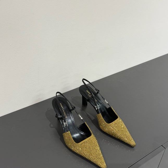 HIGH SLINGBACKS POINTED-TOE IN METALLIC GOLD LAMBSKIN WITH CRYSTALS