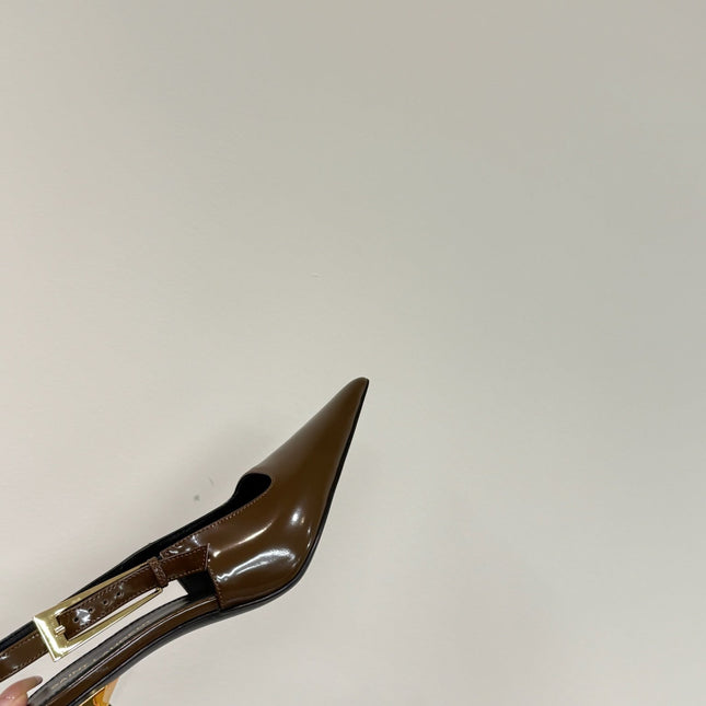 LEE SLINGBACK PUMPS 75 MM IN COFFEE BROWN PATENT CALFSKIN