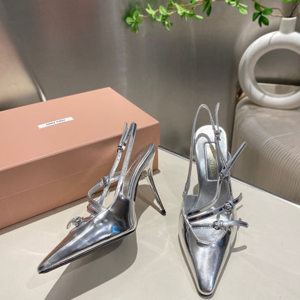 CROSS STRAP HIGH HEELED SLINGBACK IN SILVER METALLIC GLOSSY SHEEPSKIN