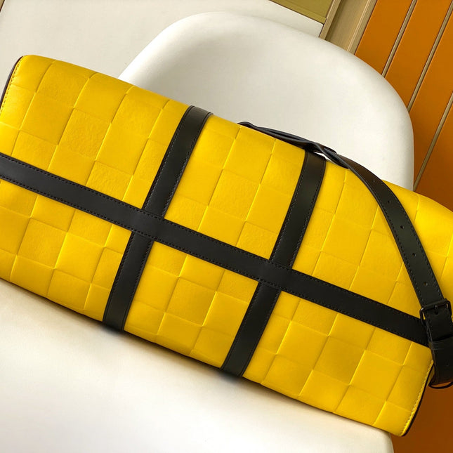 KEEPALL BANDOULIÈRE 50 IN YELLOW DAMIER SCUBA CALFSKIN