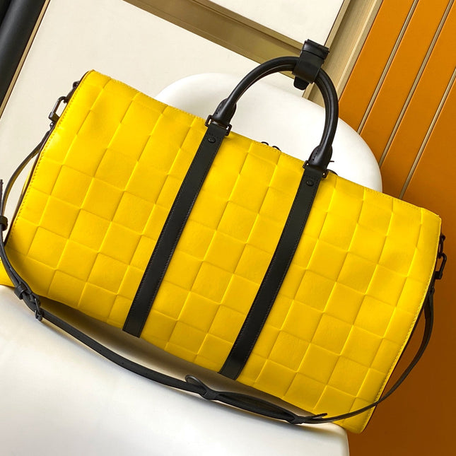 KEEPALL BANDOULIÈRE 50 IN YELLOW DAMIER SCUBA CALFSKIN