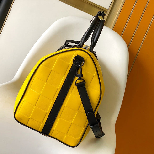 KEEPALL BANDOULIÈRE 50 IN YELLOW DAMIER SCUBA CALFSKIN