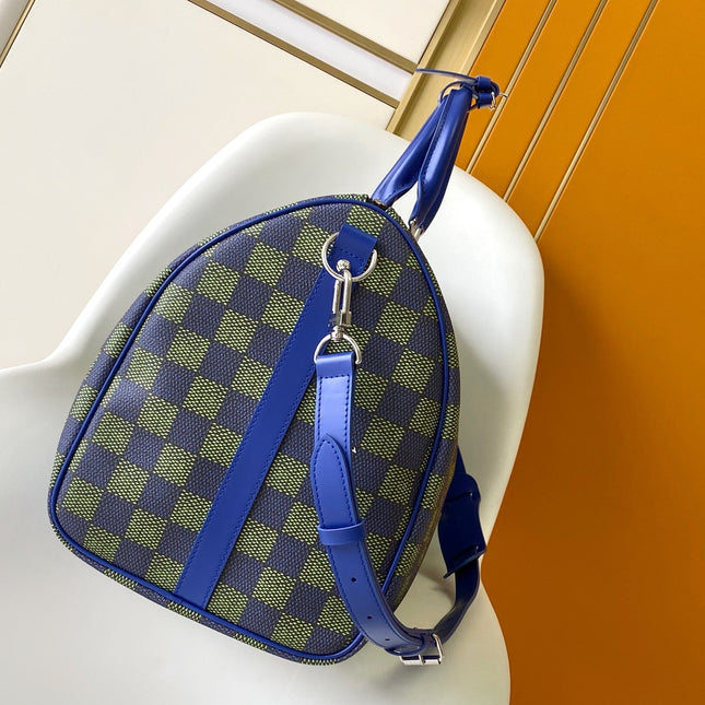 KEEPALL BANDOULIÈRE 50 IN BLUE GREEN DAMIER HERITAGE COATED CANVAS