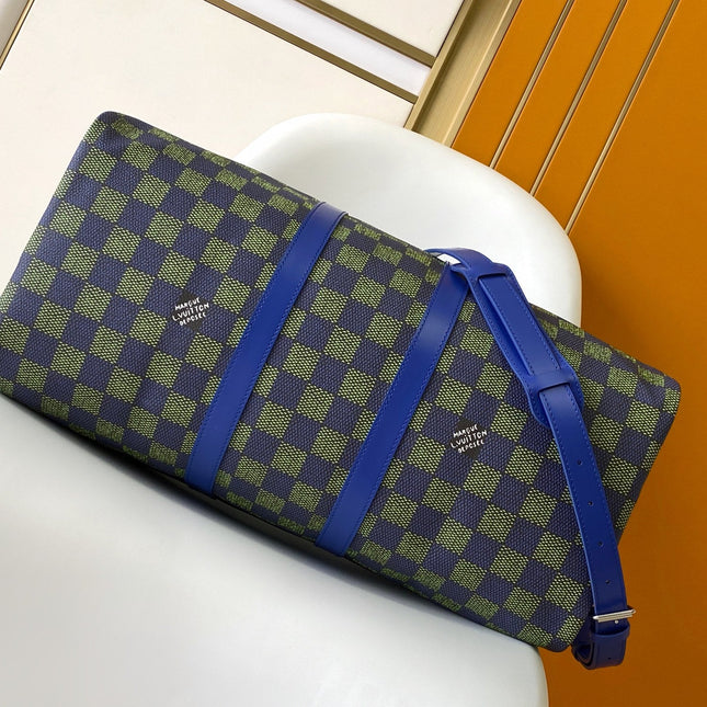 KEEPALL BANDOULIÈRE 50 IN BLUE GREEN DAMIER HERITAGE COATED CANVAS
