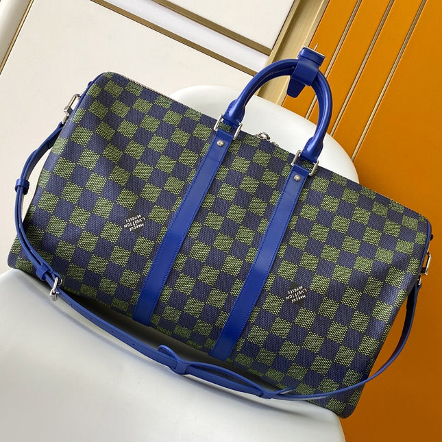 KEEPALL BANDOULIÈRE 50 IN BLUE GREEN DAMIER HERITAGE COATED CANVAS