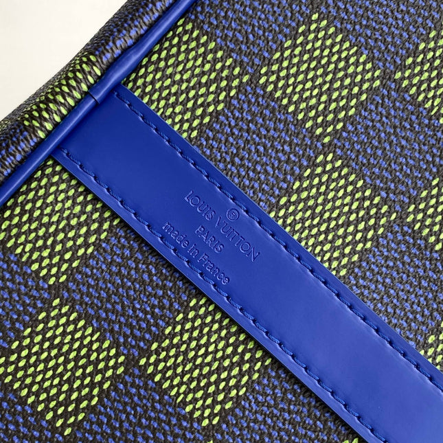 KEEPALL BANDOULIÈRE 50 IN BLUE GREEN DAMIER HERITAGE COATED CANVAS