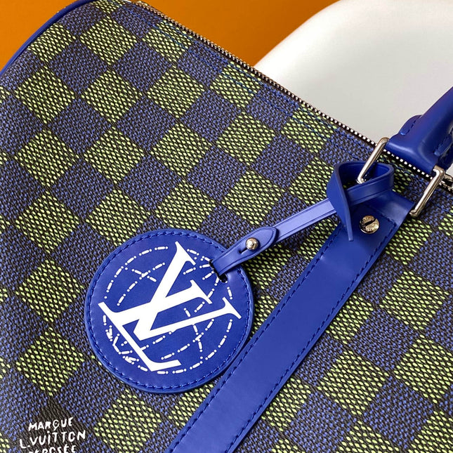 KEEPALL BANDOULIÈRE 50 IN BLUE GREEN DAMIER HERITAGE COATED CANVAS