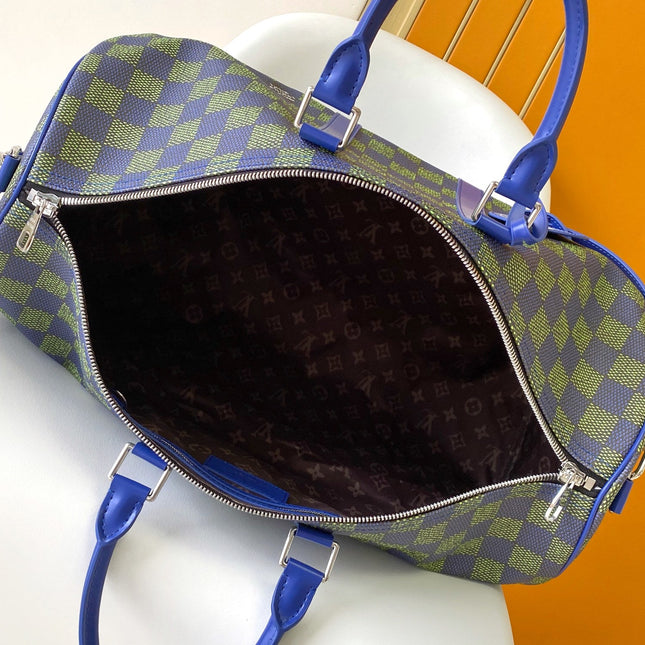 KEEPALL BANDOULIÈRE 50 IN BLUE GREEN DAMIER HERITAGE COATED CANVAS
