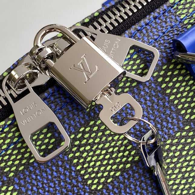 KEEPALL BANDOULIÈRE 50 IN BLUE GREEN DAMIER HERITAGE COATED CANVAS
