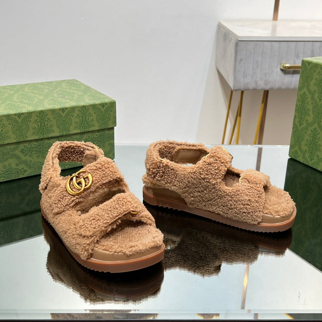 DAD SANDALS IN CIDER BROWN FLEECE WITH GOLD HARDWARE