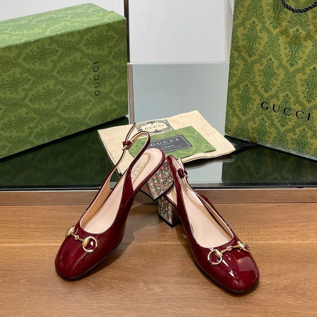 WOMEN'S HORSEBIT SLINGBACK 55MM IN WINE RED CALFSKIN WITH RHINSTONES
