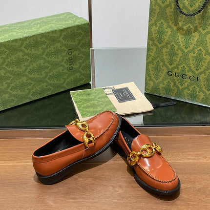 GG LOAFER SHOES IN BRONZE BROWN CALFSKIN WITH GOLD HARDWARE