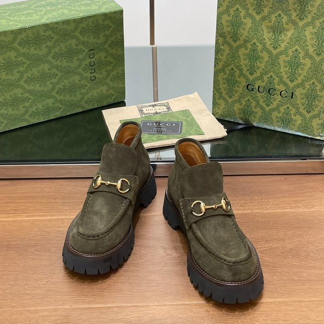 GG WOMEN'S HORSEBIT ANKLE BOOTS 4.5CM IN KHAKI GREEN SUEDE