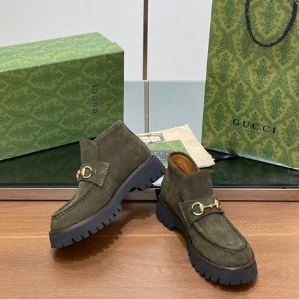 GG WOMEN'S HORSEBIT ANKLE BOOTS 4.5CM IN KHAKI GREEN SUEDE