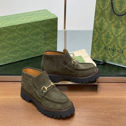 GG WOMEN'S HORSEBIT ANKLE BOOTS 4.5CM IN KHAKI GREEN SUEDE