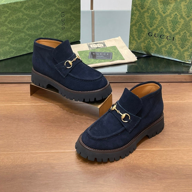 GG WOMEN'S HORSEBIT ANKLE BOOTS 4.5CM IN NAVY BLUE SUEDE