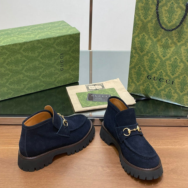 GG WOMEN'S HORSEBIT ANKLE BOOTS 4.5CM IN NAVY BLUE SUEDE