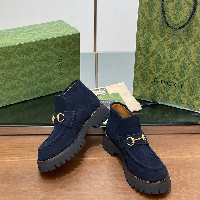 GG WOMEN'S HORSEBIT ANKLE BOOTS 4.5CM IN NAVY BLUE SUEDE