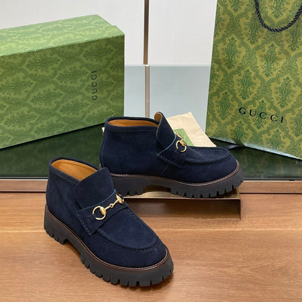 GG WOMEN'S HORSEBIT ANKLE BOOTS 4.5CM IN NAVY BLUE SUEDE