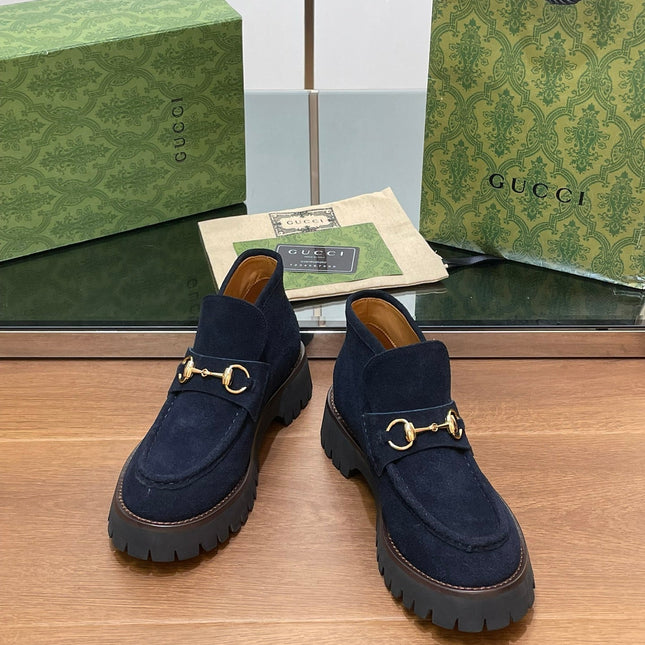 GG WOMEN'S HORSEBIT ANKLE BOOTS 4.5CM IN NAVY BLUE SUEDE