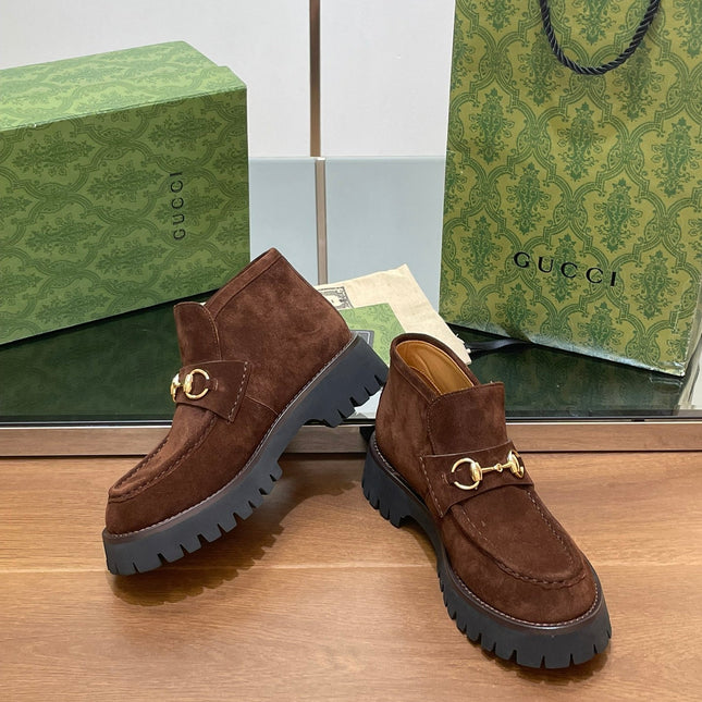 GG WOMEN'S HORSEBIT ANKLE BOOTS 4.5 CM IN DARK BROWN SUEDE