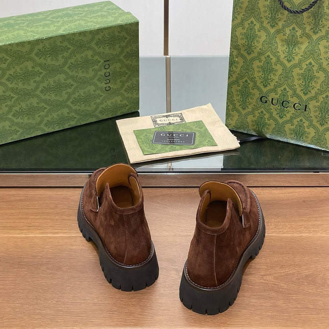 GG WOMEN'S HORSEBIT ANKLE BOOTS 4.5 CM IN DARK BROWN SUEDE