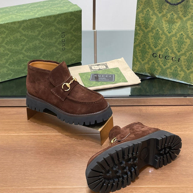 GG WOMEN'S HORSEBIT ANKLE BOOTS 4.5 CM IN DARK BROWN SUEDE