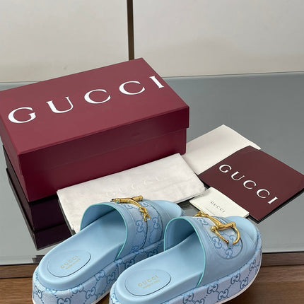 HIGH 5.5 CM WEDGE SANDALS IN BLUE CALFSKIN AND FABRIC