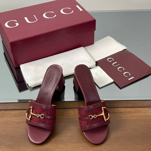 HIGH HEEL MULE 5.5 CM IN DARK RED CALFSKIN MIX FABRIC AND GOLD HARDWARE