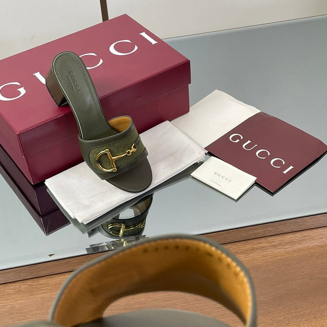 HIGH HEEL MULE 5.5 CM IN MOSS GREEN CALFSKIN MIX FABRIC AND GOLD HARDWARE